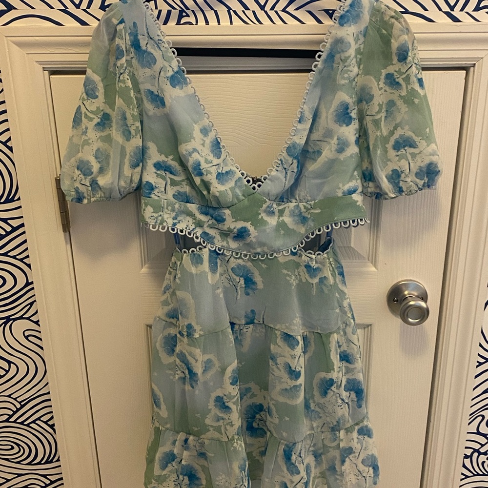 Saints + Secrets Blue and Green Floral Mini Dress w/ Cutout Sides